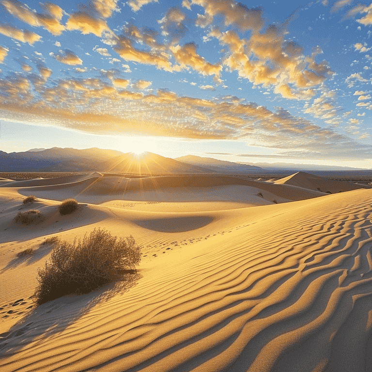 Peaceful Nevada desert at sunrise with soft sunlight over sand dunes.