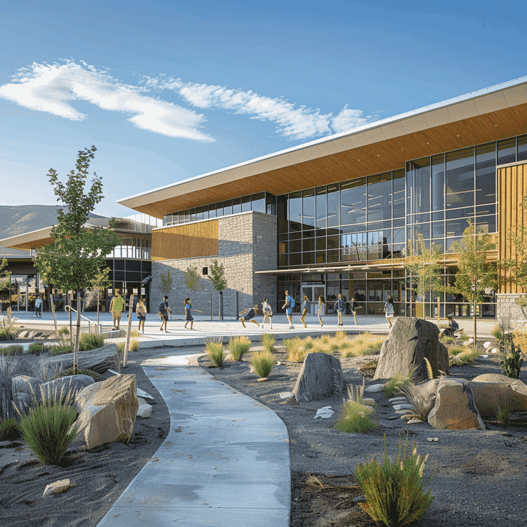 Modern Nevada school building with students and teachers outside.