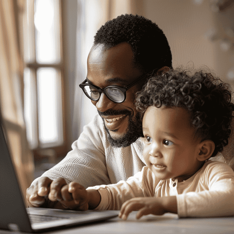 Parent and child looking at educational materials on a computer.