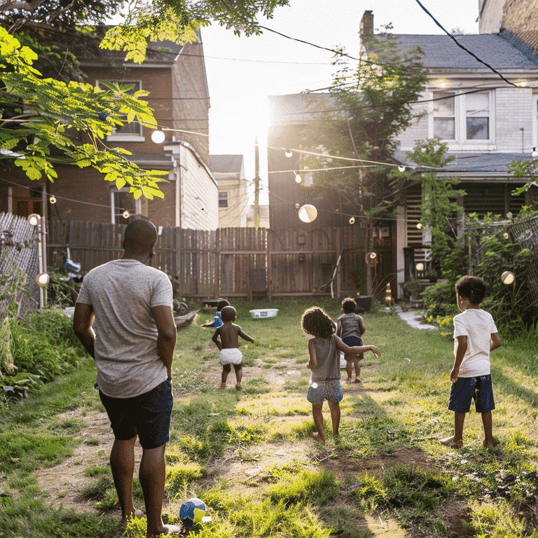 Parent supervising children playing in a backyard.