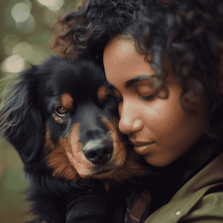 Person holding a dog with a calm expression.