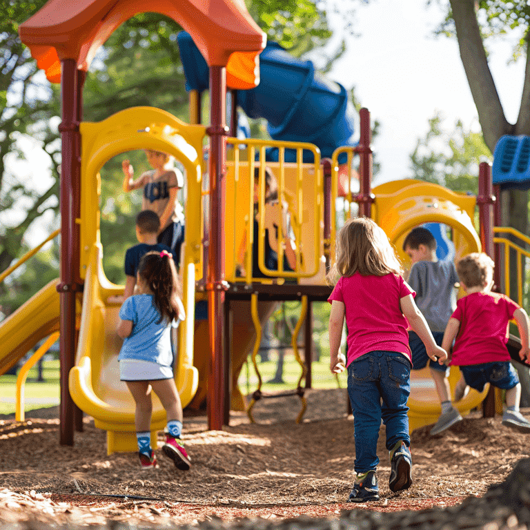 Children playing on well-maintained playground equipment with a safe surface.