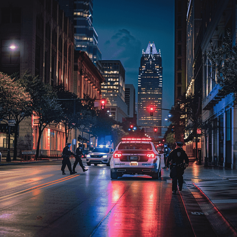 Police car pulling over a vehicle on a city street with flashing lights