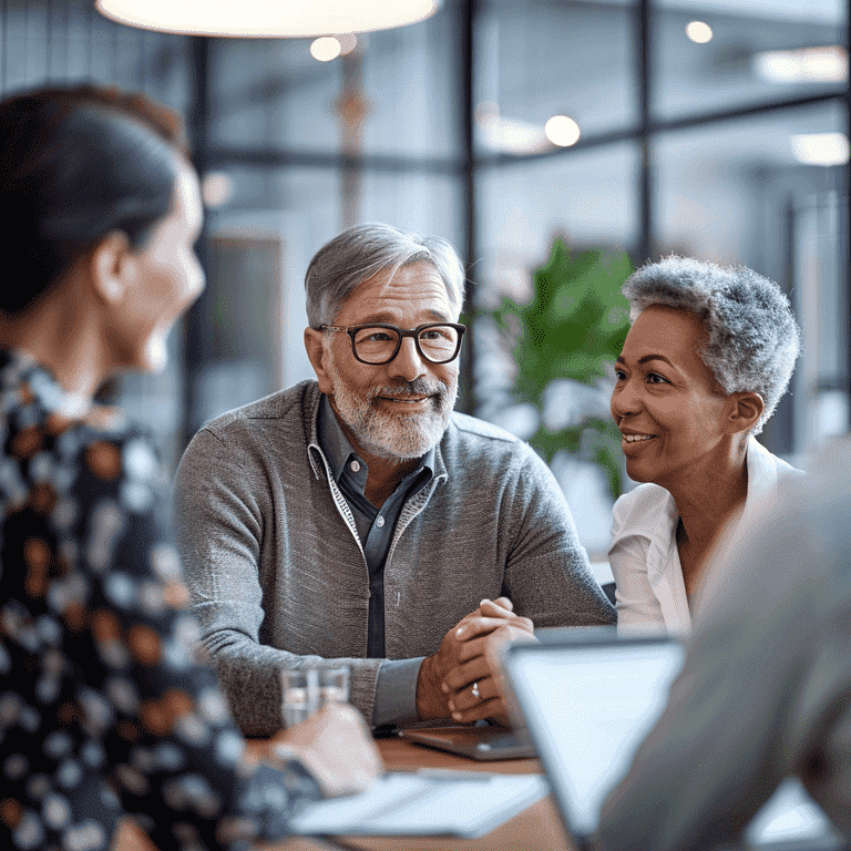 Mature couple discussing financial planning with an advisor in an office.