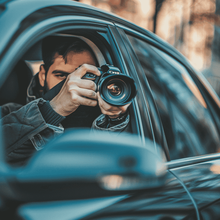 Private investigator conducting surveillance in a quiet neighborhood during a divorce case.