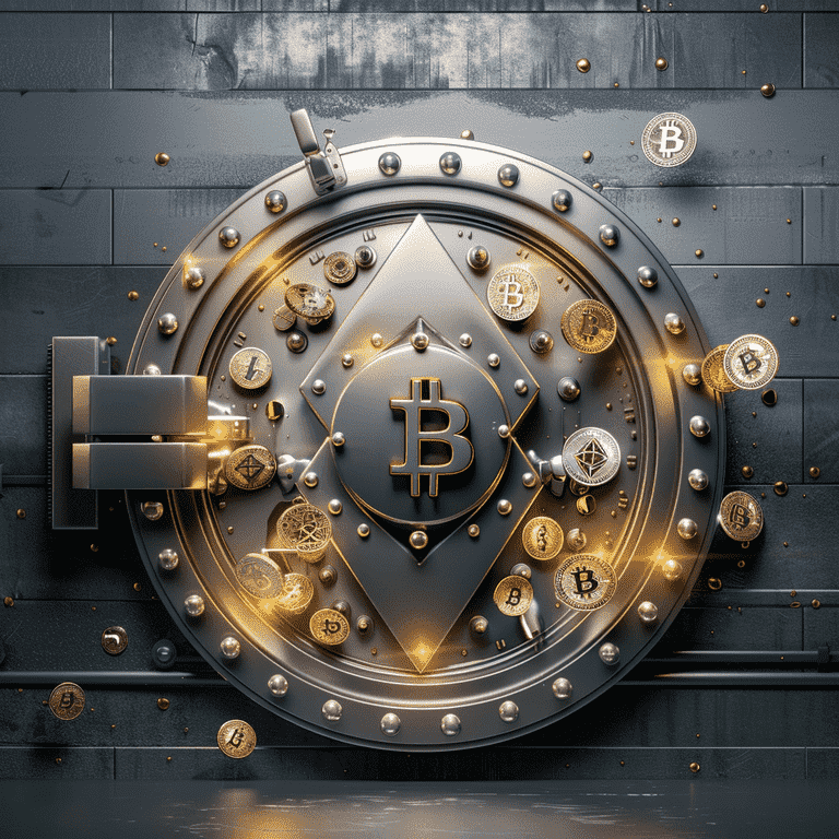 A secure vault door with cryptocurrency symbols emerging.