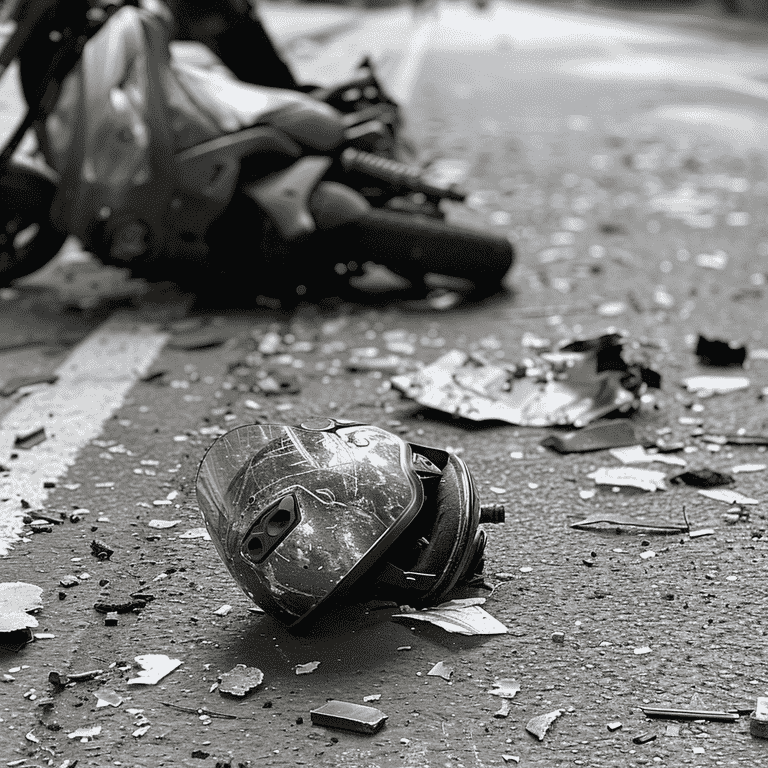 Scooter lying on the pavement next to a cracked helmet, symbolizing common scooter injuries.