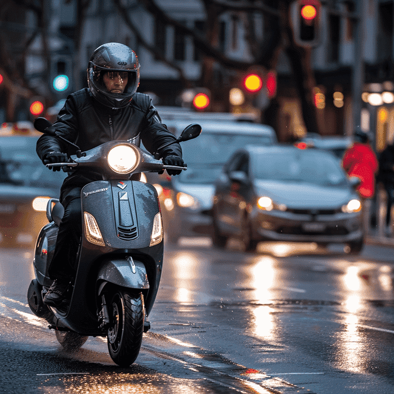 Scooter rider navigating through busy traffic on a street with potholes and wet pavement.