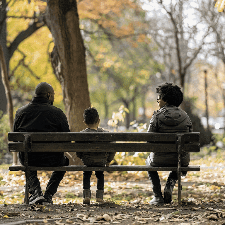 A parent and child playing at a park under a supervised visitation monitor.