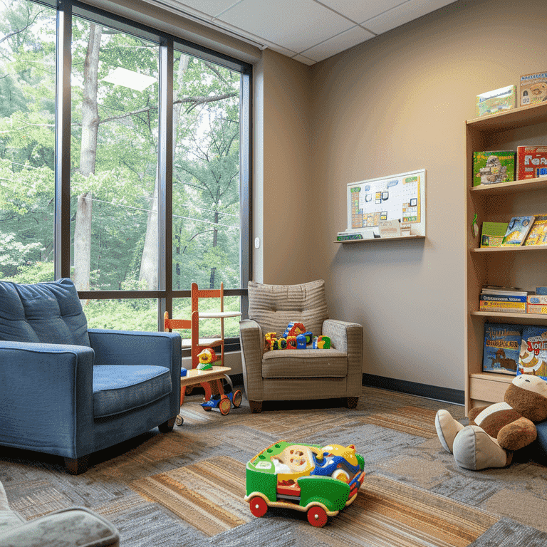 A cozy supervised visitation room with toys, books, and a comfortable seating area.