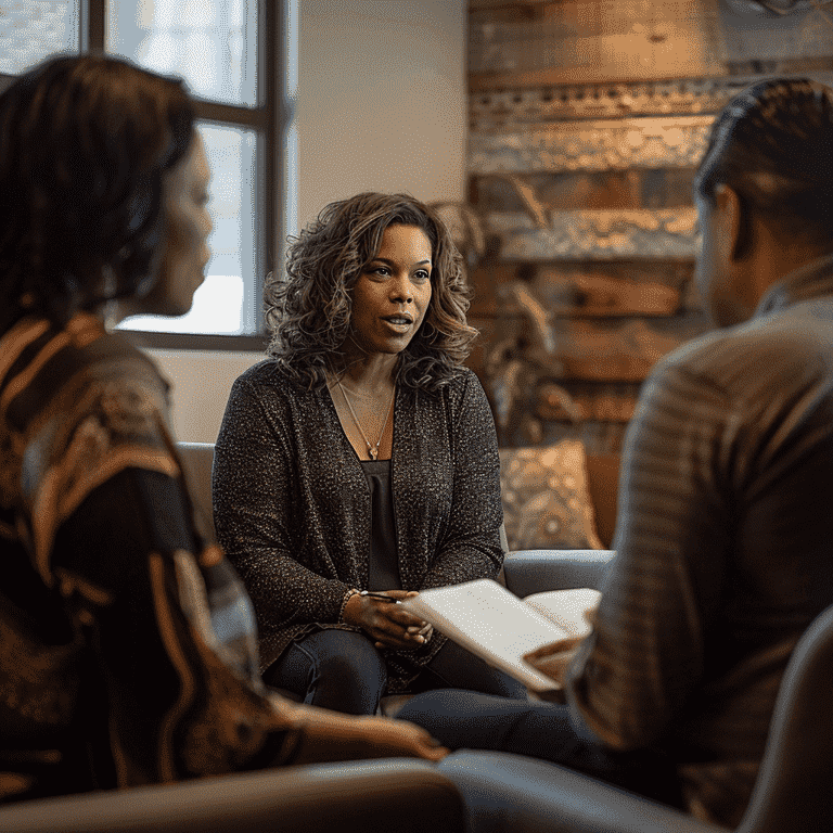 Counselor speaking with a couple in an office, representing support and resources for divorcing couples.