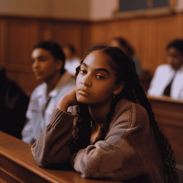 Worried teenager in a courtroom with a judge in the background, representing legal repercussions.