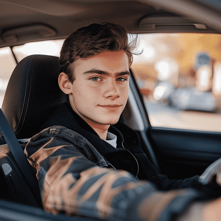 Teen driver with a learner's permit sign on the car, driving with a parent in the passenger seat.