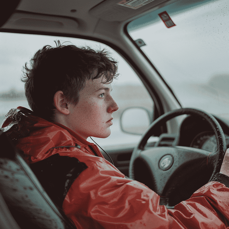 Teen driver speeding on a suburban road with a speed limit sign visible in the background.