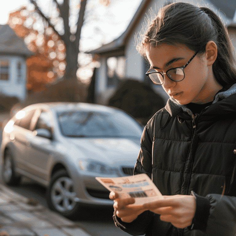 Teen looking at a suspended driver's license with concern, a car parked in the background.