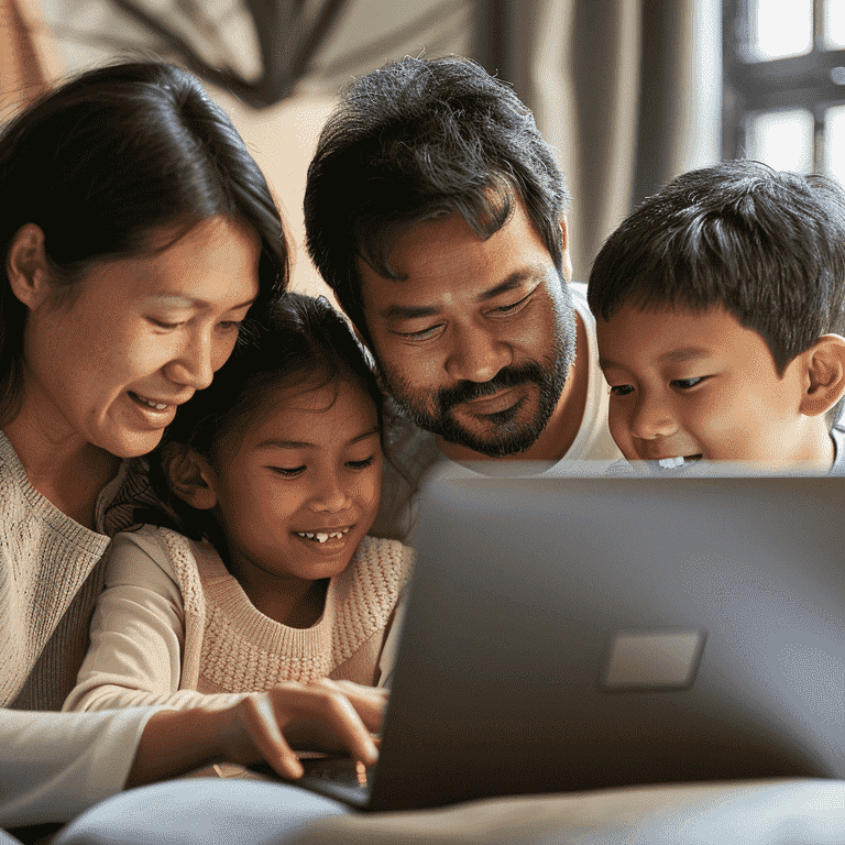 Family looking at a laptop with school ratings on the screen.