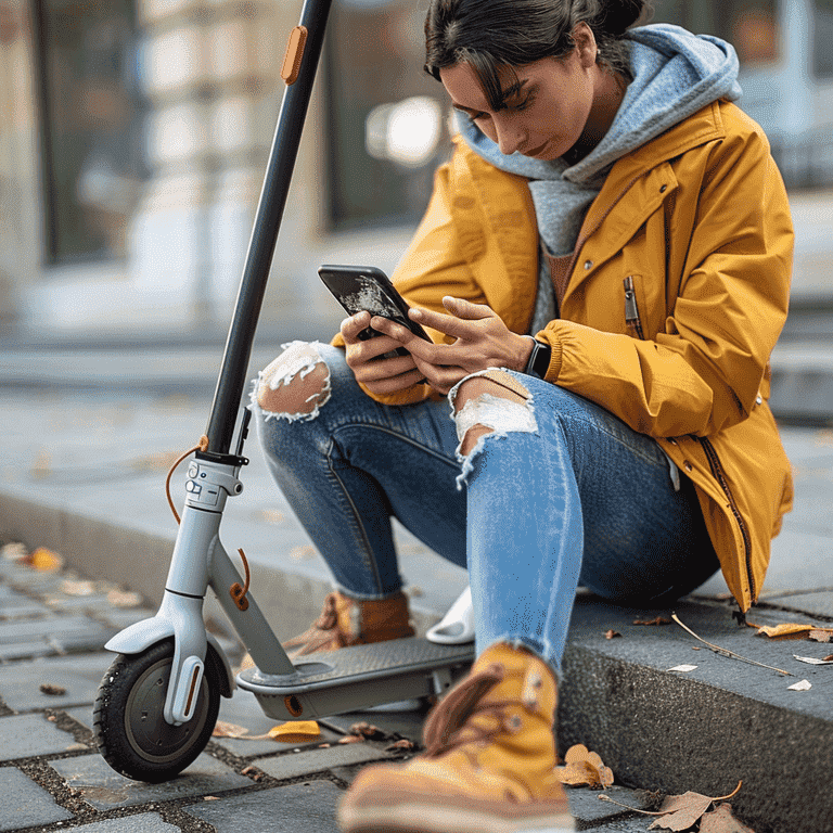 Injured scooter rider sitting on a curb, calling for help with visible leg injury.