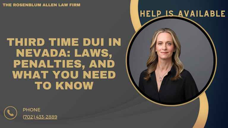 Banner for The Rosenblum Allen Law Firm titled 'Third Time DUI in Nevada: Laws, Penalties, and What You Need to Know.' The banner features Molly Rosenblum, Esq., in a professional portrait on the right side within a circular frame. The left side displays the title in bold gold text. The top right corner states 'Help is Available,' and the bottom left includes contact information: Phone number (702) 433-2889, with an icon of a phone.