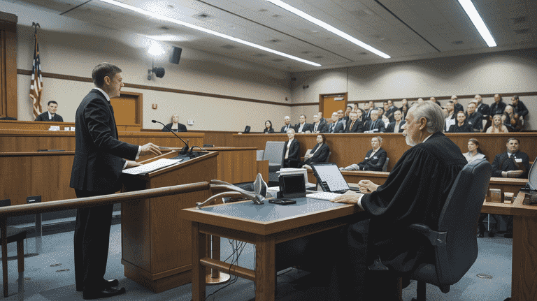 A courtroom scene with a lawyer presenting a case to a judge and jury, emphasizing the complexities and realities of legal defense.