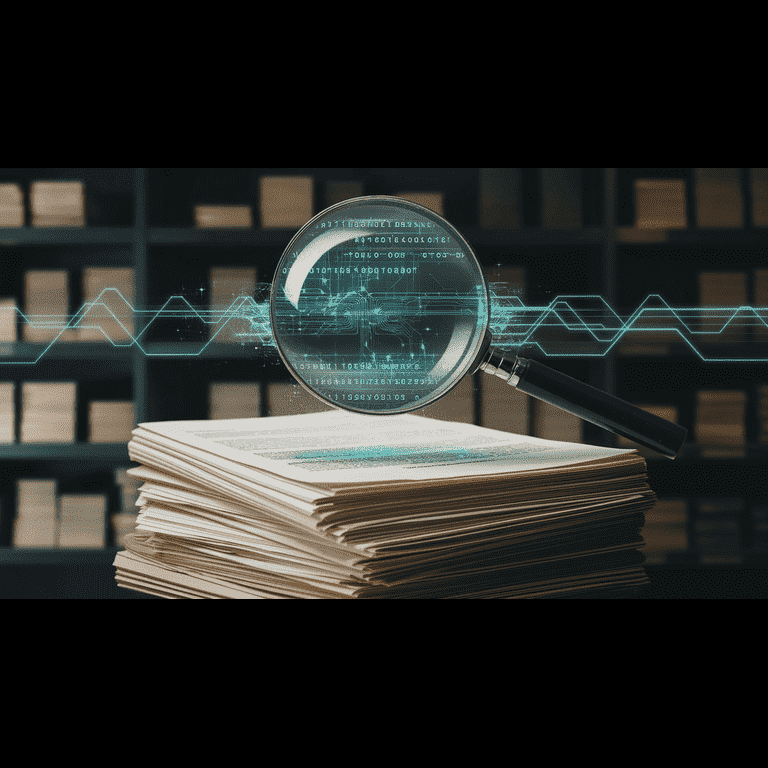 Magnifying glass over legal documents with digital data streams, representing enhanced accuracy in legal research