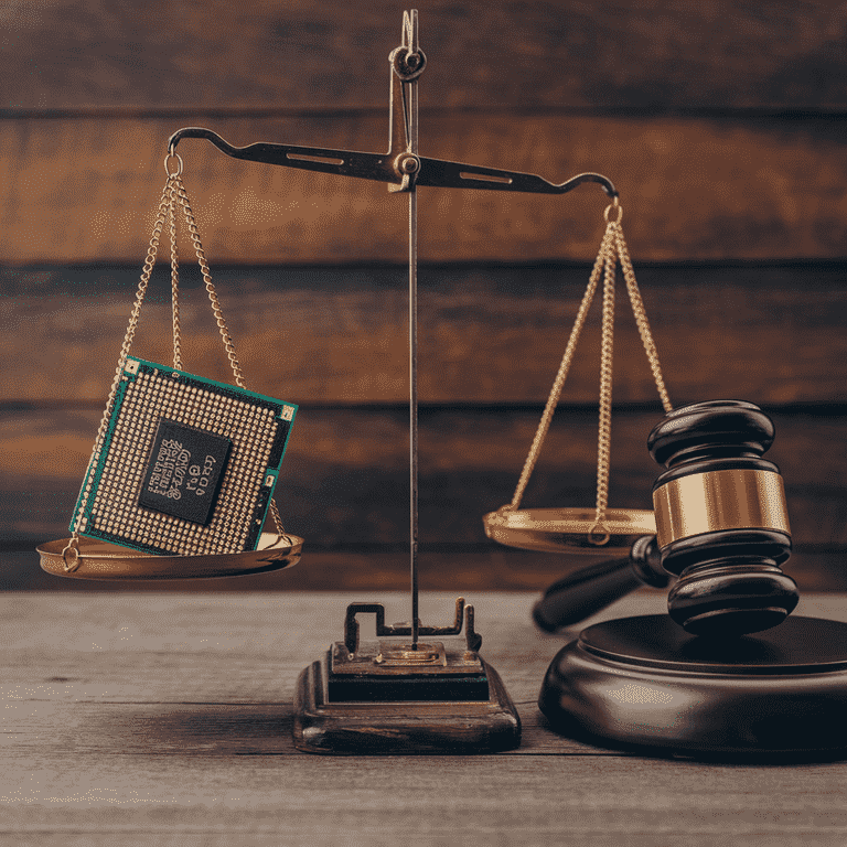 Balance scale with computer chip and gavel, representing the challenges of integrating AI in legal practice