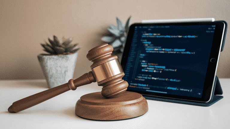 Gavel beside a tablet showing AI algorithms, representing the use of AI in law.