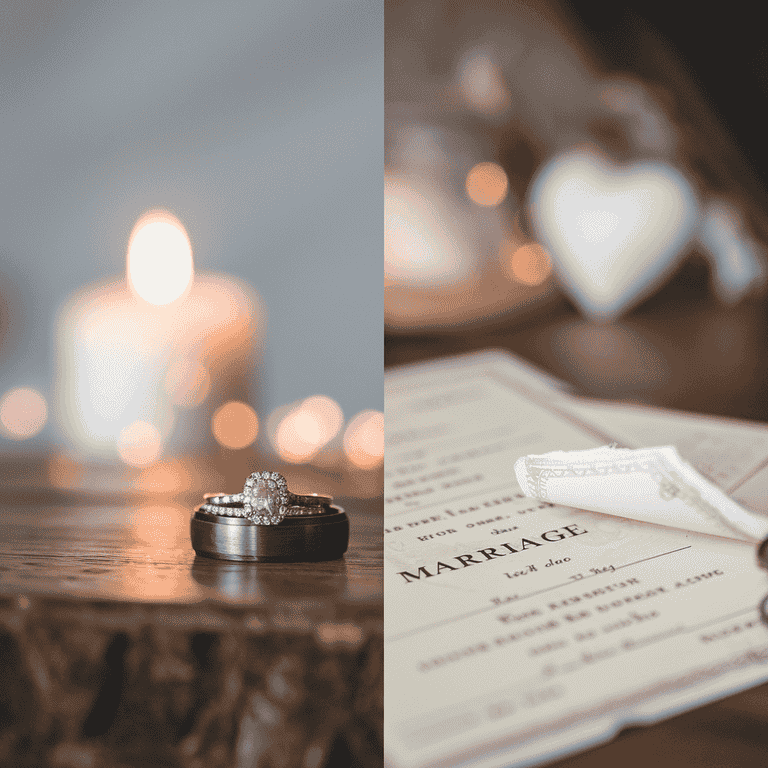 Split image with a wedding ring on one side and a torn marriage certificate on the other, illustrating the differences between annulment and divorce.