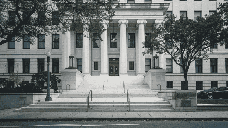 Courthouse exterior with steps leading to the entrance.