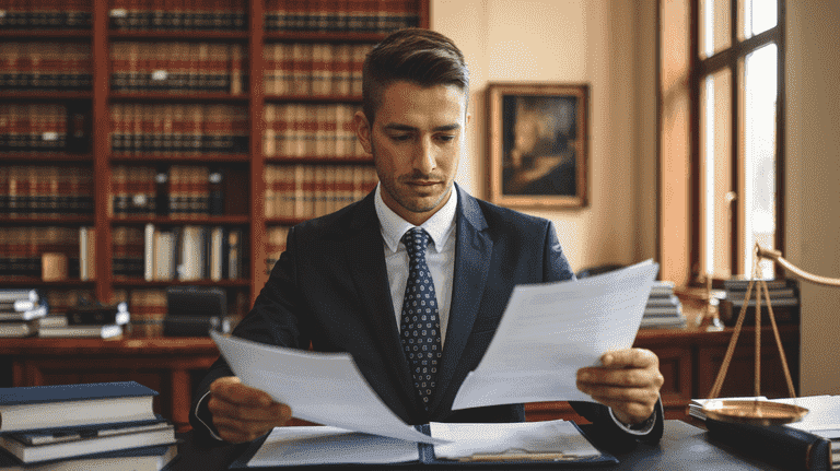 Lawyer in an office reviewing legal documents.