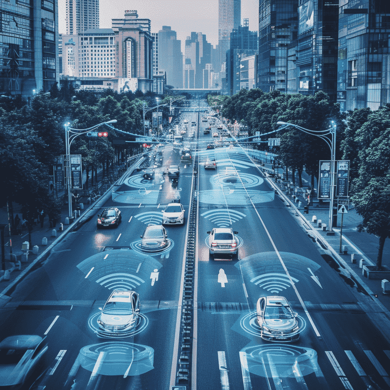 Autonomous vehicles navigating a futuristic city street with digital overlays showing sensor and communication data.