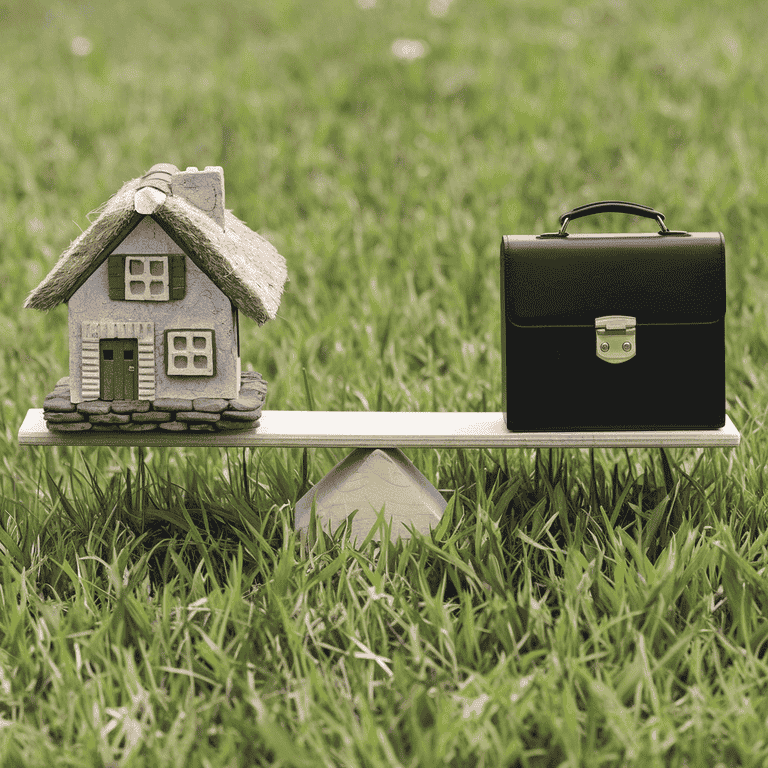 Balanced scale with a house and briefcase representing business and personal asset division in divorce