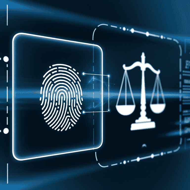 Fingerprint scanner with a legal scale icon, representing biometric information regulations in Nevada.