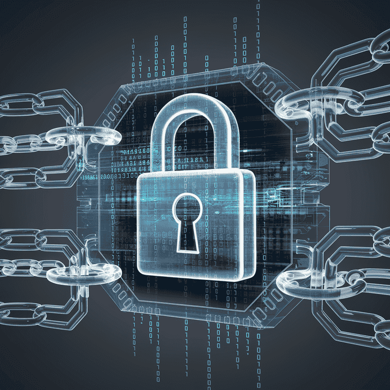 A digital padlock superimposed on a transparent blockchain structure, with binary code flowing through the chains