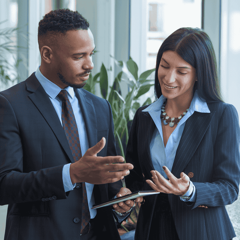 Two individuals reviewing financial charts representing business division options.