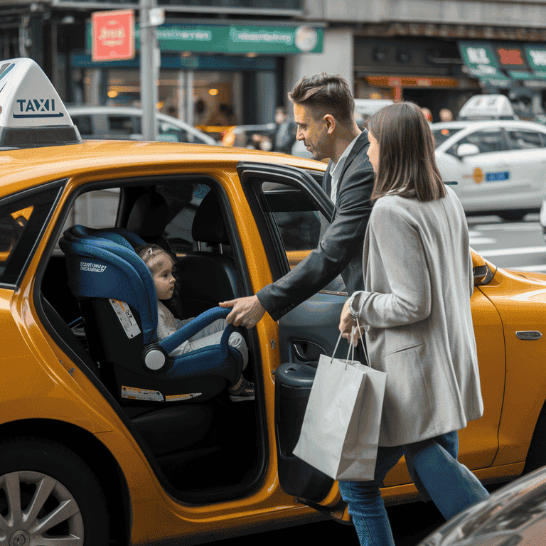 A family exiting a taxi, with a child seated in a portable car seat.