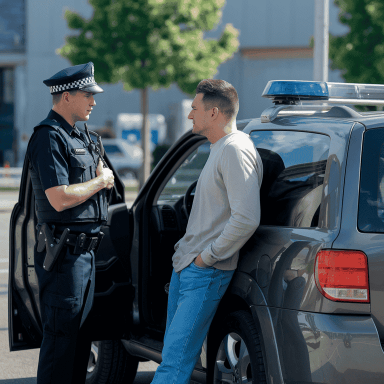 A traffic officer speaking to a driver with a car seat visible in the backseat.