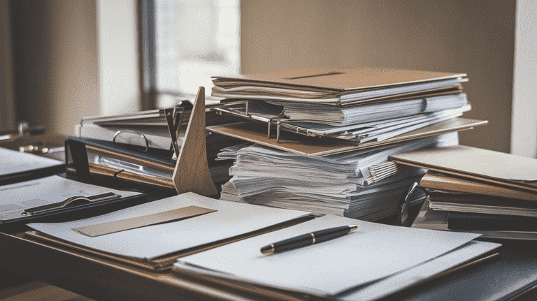 Collection of case files and legal documents spread out on a desk.