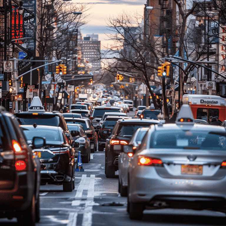 Congested urban street with a mix of traditional cars, autonomous vehicles, pedestrians, and cyclists illustrating challenges.