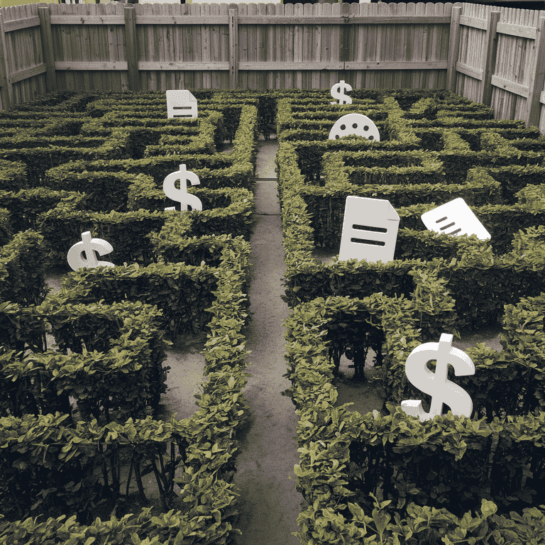 A tangled maze with financial symbols, illustrating the challenges and limitations of forensic accounting.