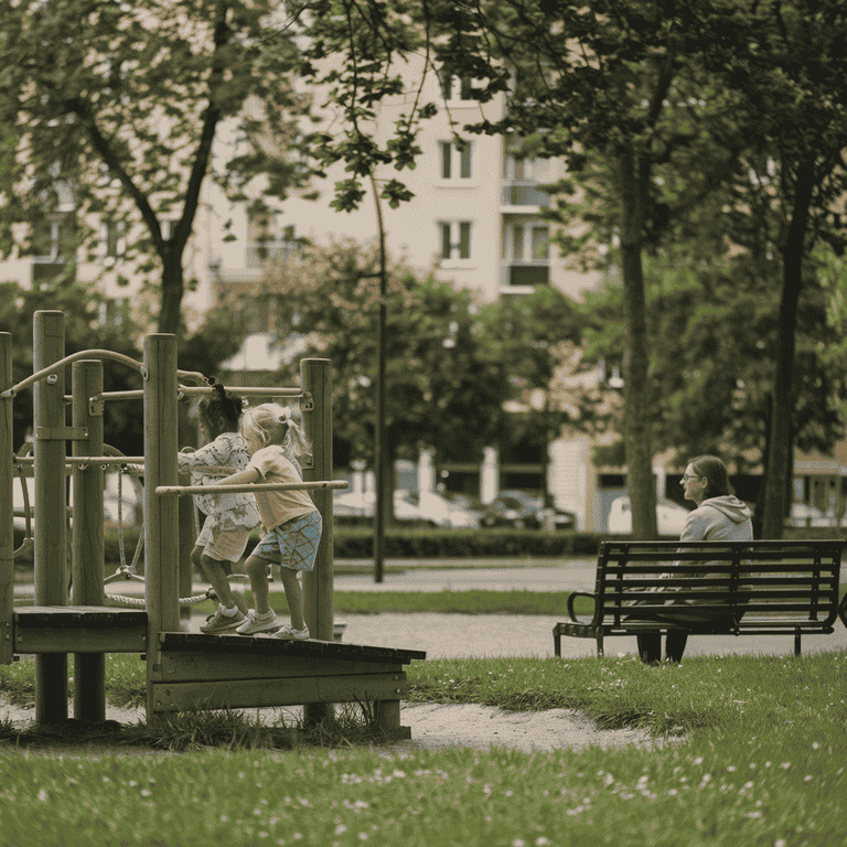 A parent observing children playing in a park, symbolizing custody and visitation arrangements.