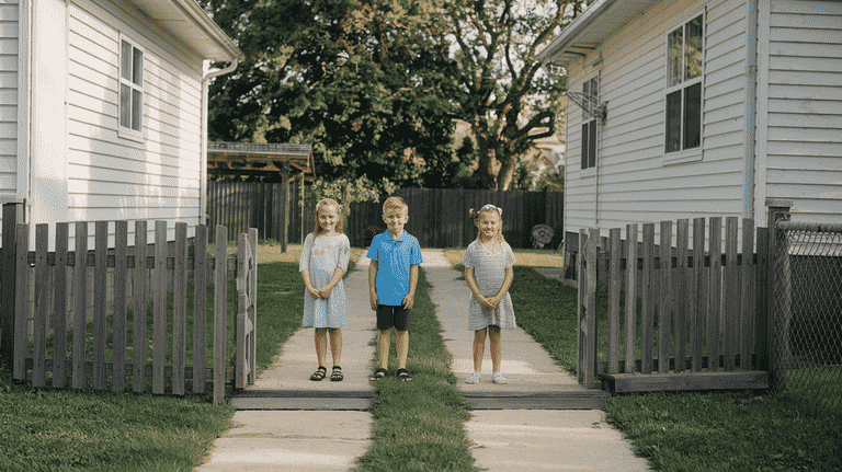 Family home with two separate pathways and children standing between, symbolizing shared responsibility in divorce and estate planning.