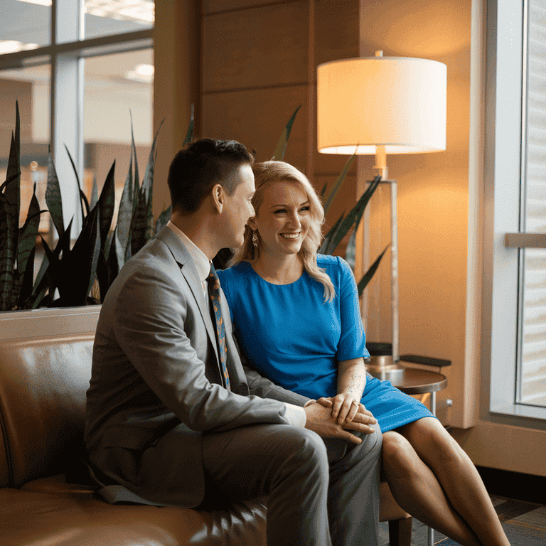 A couple sitting in a government office, symbolizing the process of filing the I-751 petition for conditional residency.