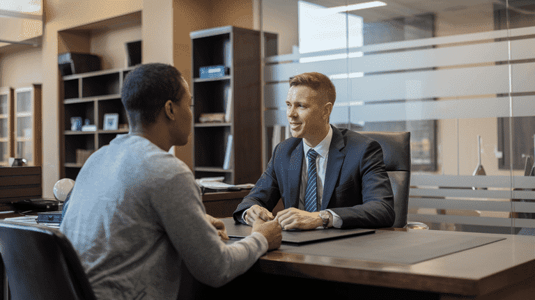 Attorney sitting at a desk in a modern office, consulting with a client.