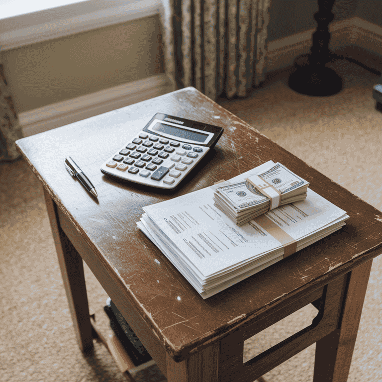 Close-up of a calculator, legal fee receipts, and dollar bills, representing the cost of annulment in Las Vegas.