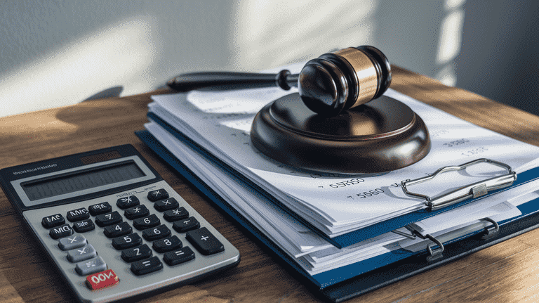 Calculator, financial documents, and a gavel representing the costs associated with divorce in Nevada.