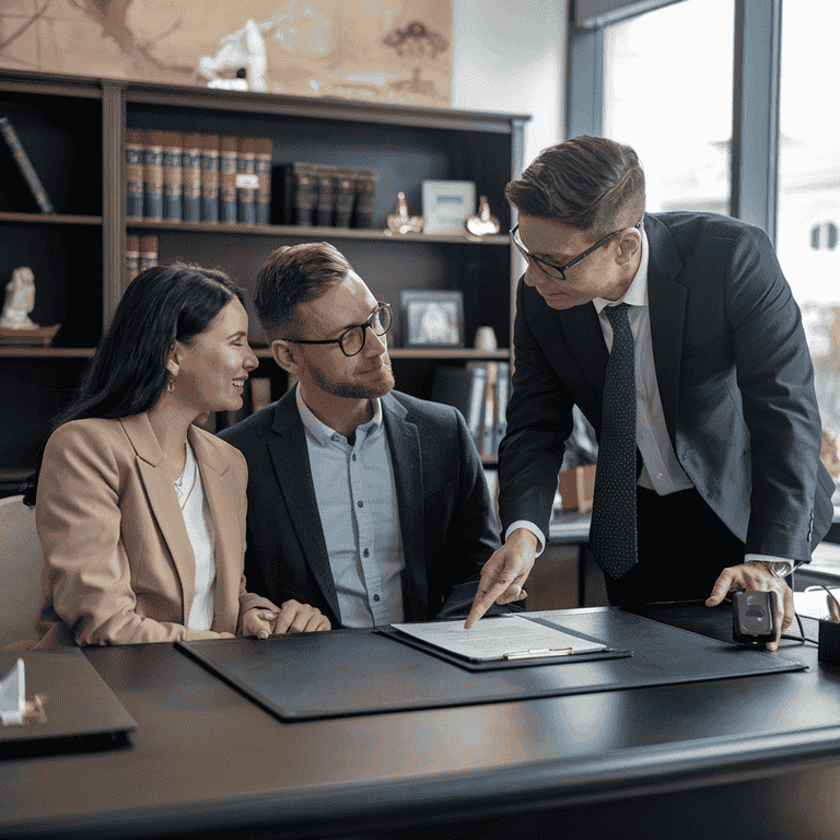 Couple discussing a legal agreement with a lawyer in an office.