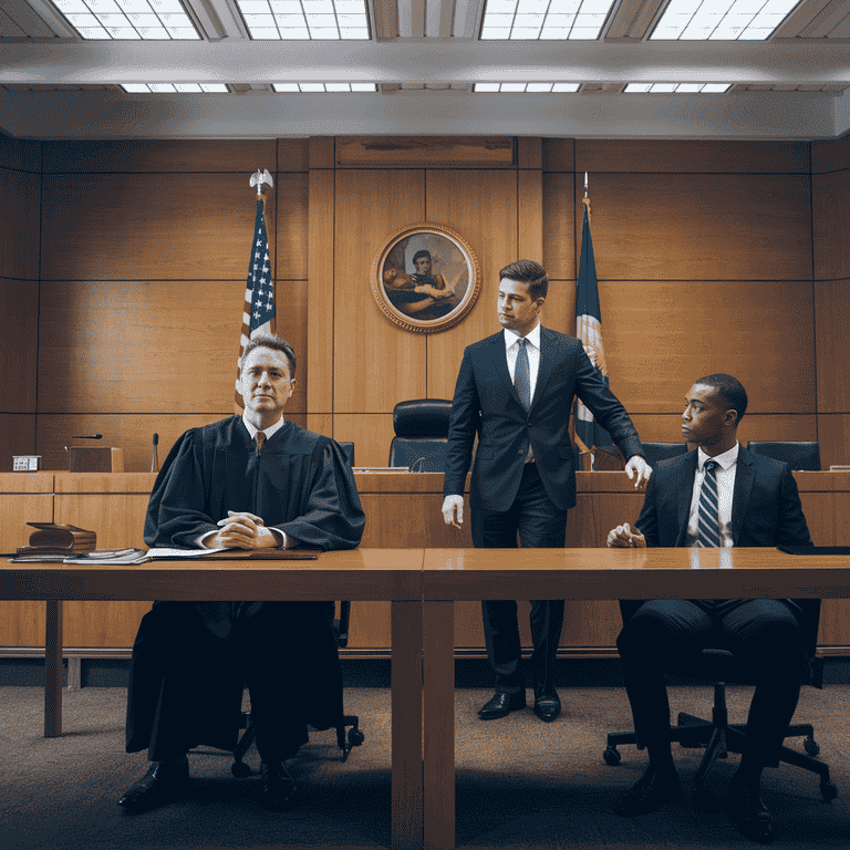 Interior of a courtroom with empty benches and a judge's podium