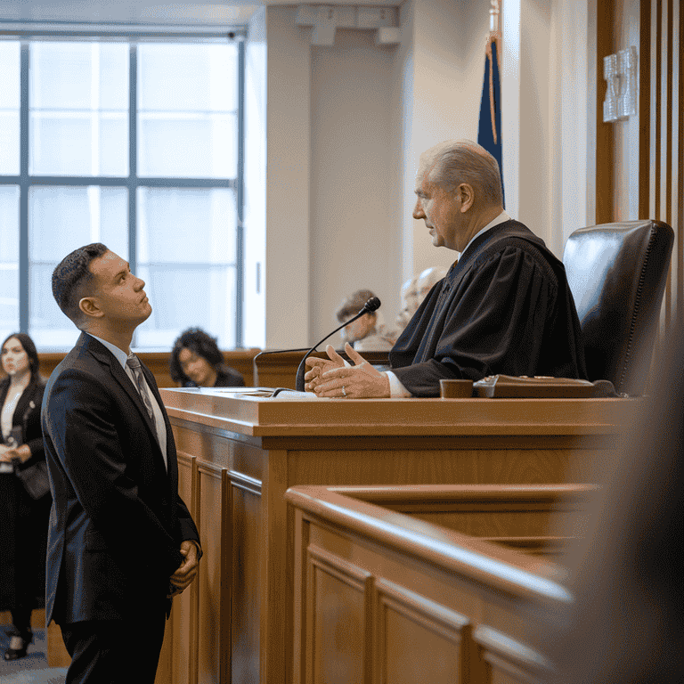 A judge delivering a sentencing decision in a courtroom.