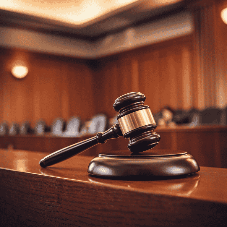 A gavel resting on a judge's bench in a courtroom, representing the legal risks and consequences of hiring escorts.