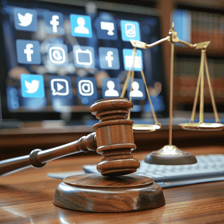 Courtroom with gavel, computer displaying social media icons, and legal scales representing social media evidence in court.